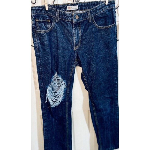 DICKIES Jeans Ladies Sz34 Relaxed Fit Ripped Dark Wash 28in Inseam 38In Outseam - Picture 2 of 11
